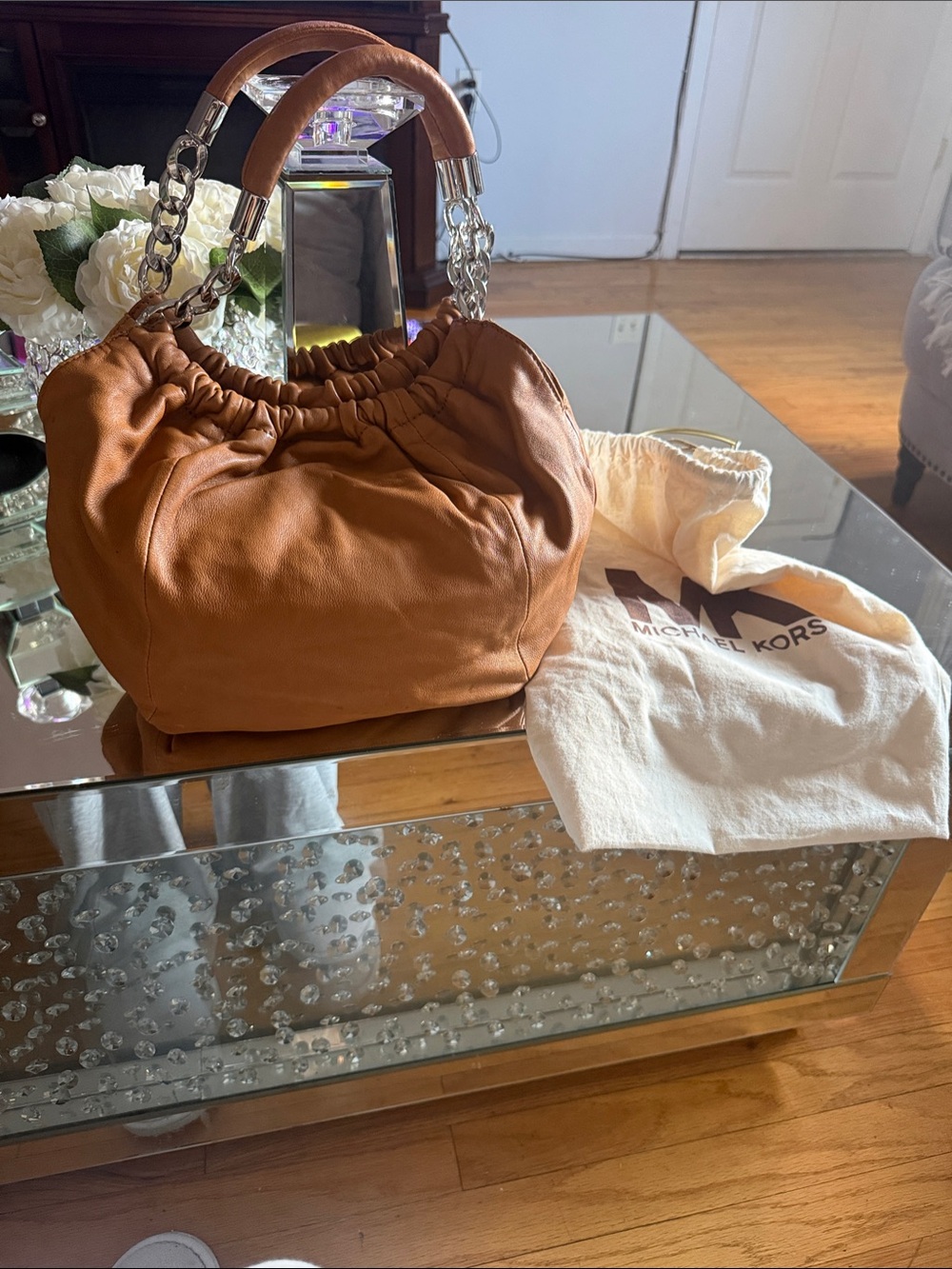Michael Kors Cognac Leather Shoulder Bag with Chain Handles